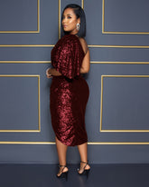 Solid Sequins One Puff Sleeve Celebrity Party Midi Dress